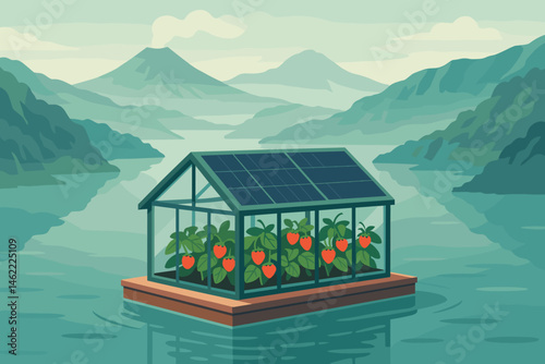 Flat ag‑tech scene with PV pontoons, strawberry vines, and crater rim