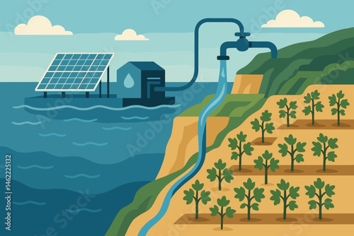 Flat hydro‑solar scene with PV rafts, pump pipe, and grape vines
