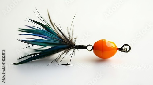 Colorful fishing lure with feathers and bright orange. National Go Fishing Day