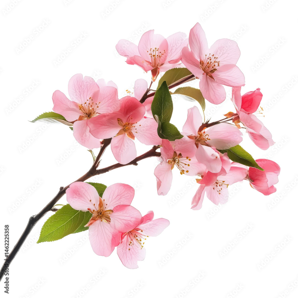Naklejka premium A delicate branch adorned with soft pink blossoms, showcasing the beauty of spring, set against a clean background, perfect for nature-themed designs and floral arrangements
