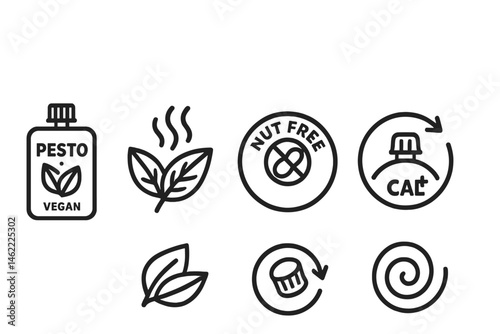 Pesto‑eco icons showing pouch, wave, stamp, dial, arrow, swirl