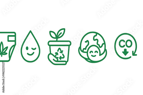 Diaper‑eco icons linking diaper, droplet, pickup, badge, coin, arrow