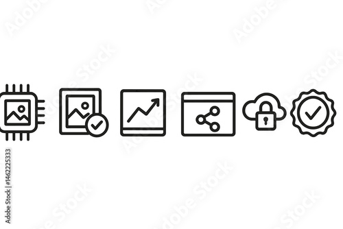 Art‑trace icons linking chip, check, graph, link, lock, seal