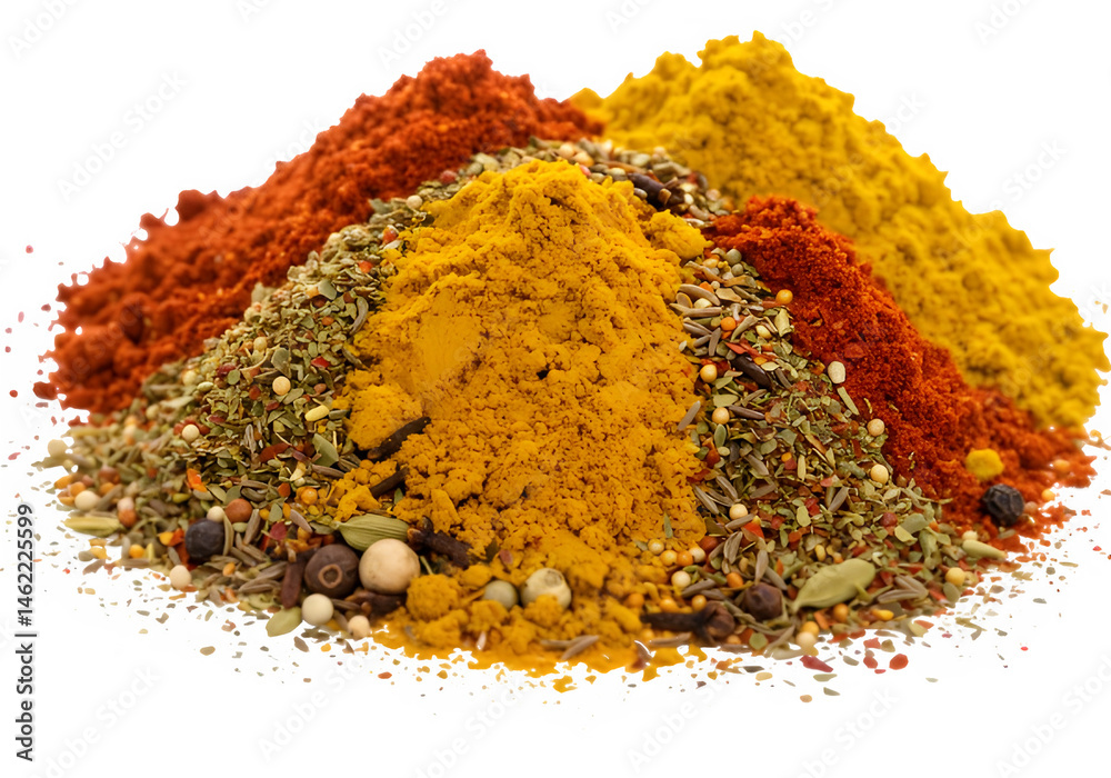 A vibrant mix of warm spices, including turmeric, paprika, and herbs.