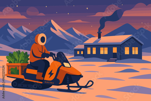 Flat polar‑logistics scene with e‑sled, veggie crates, and pink horizon