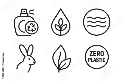 Fragrance‑eco icons merging spritz, drop, wave, bunny, petal, label