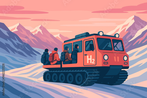 Flat mountain‑tech scene with H₂ snowcat, ice ridges, and rosy sky