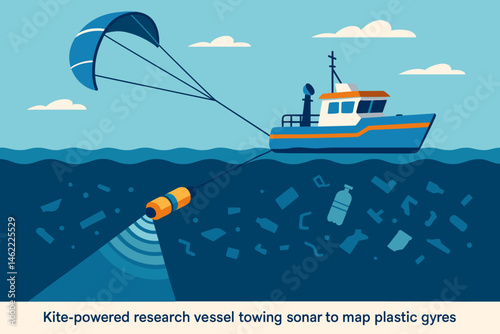 Flat ocean‑tech scene with kite sail, sonar cable, and swirling trash icons