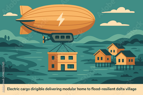 Flat aero‑logistics scene with blimp crane, prefab house pods, and wetlands