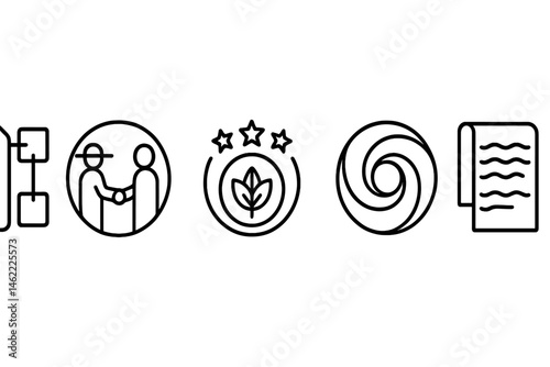 Cocoa‑trace icons merging tag, coin, leaf, swirl, wave