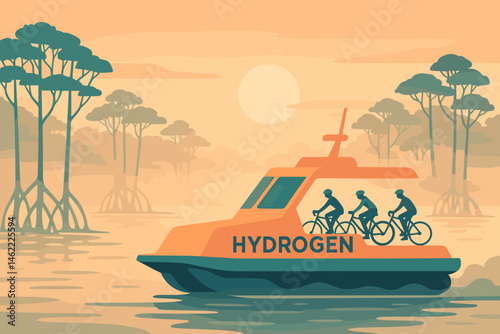 Flat clean‑mobility scene with hover wake, bikes onboard, and mist roots