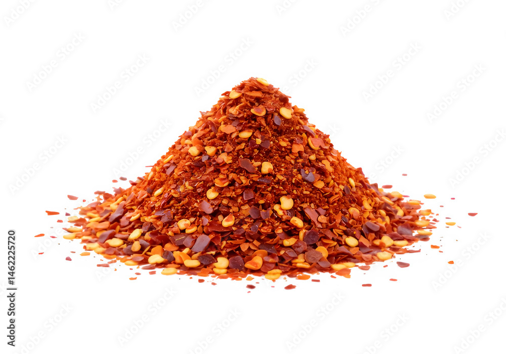 A vibrant mound of crushed red pepper flakes, ready to add fiery flavor to your dish.