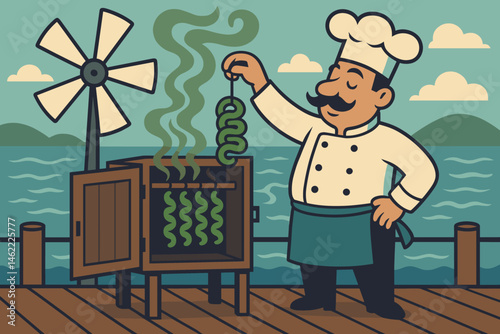 The image shows a flat area with a plant-protein setting, including green sausages, a turbine mast, and a sea shrouded in mist