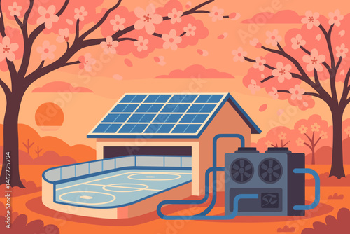 The image depicts a tranquil, flat green setting with a photovoltaic roof, people skating, petals, and the sky appearing soft