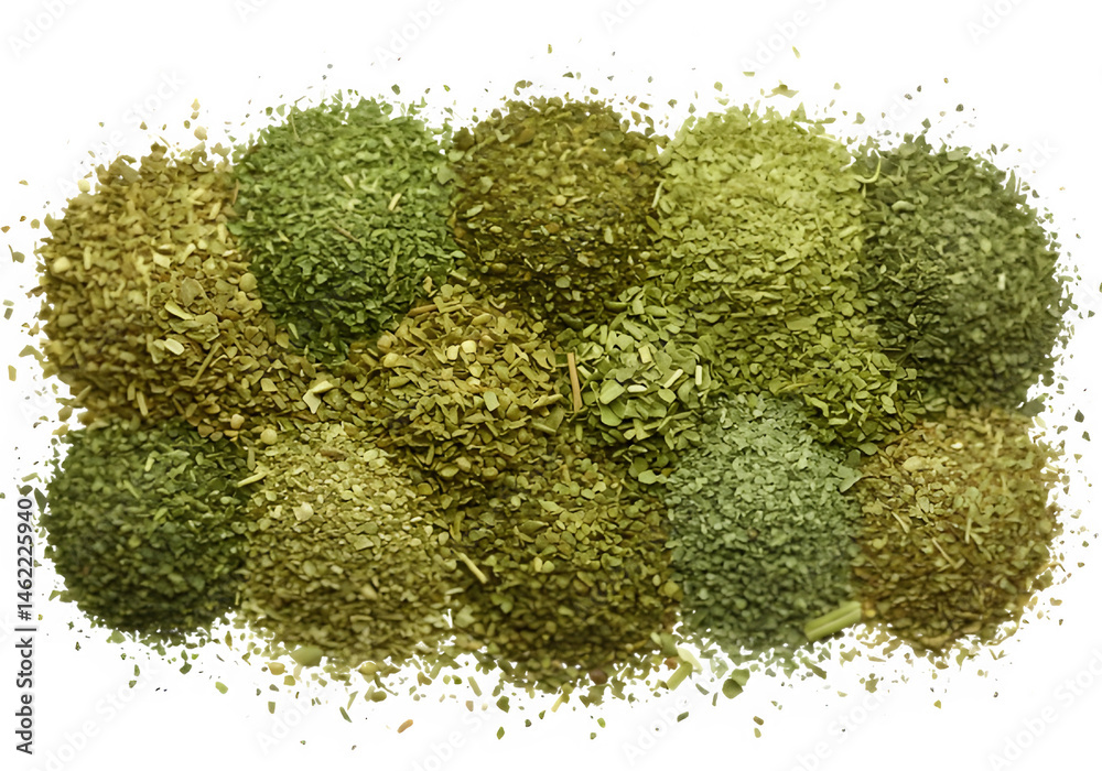 Aromatic herbs and spices in various shades of green, creating a vibrant and flavorful image.
