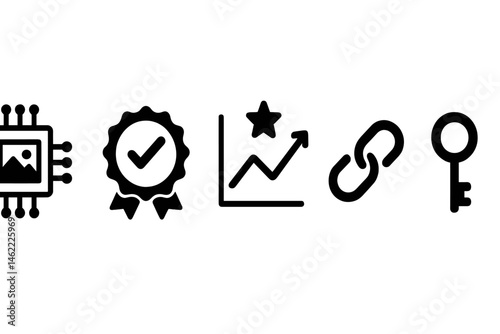 Digital‑art icons showing chip, star, graph, loop, key