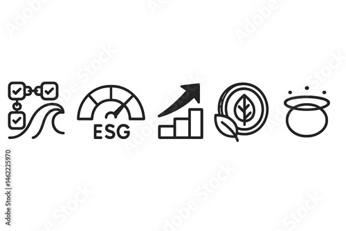 Impact‑finance icons merging wave, dial, arrow, coin, halo