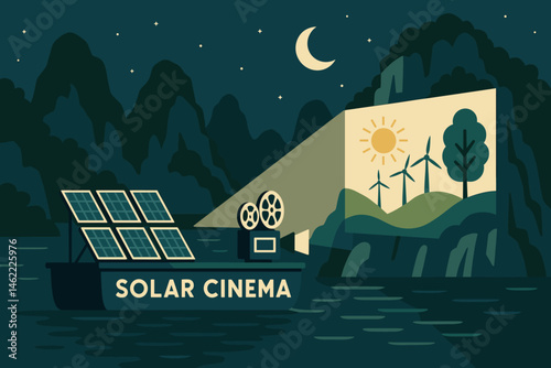 Flat culture‑green scene with PV barge, cliff screen, and starry lake