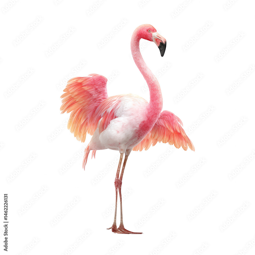 Fototapeta premium A beautiful flamingo stands gracefully with its wings partially spread on a clean white background scene.