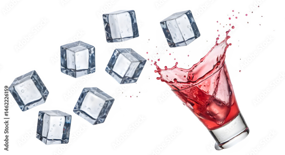 Ice cubes falling into a glass of refreshing red beverage. Perfect for summer!