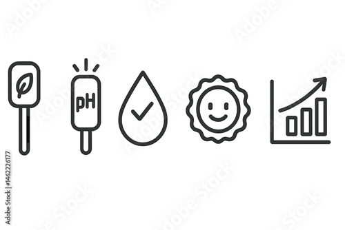 Soil‑smart icons linking wand, bar, droplet, arrow, badge, chart