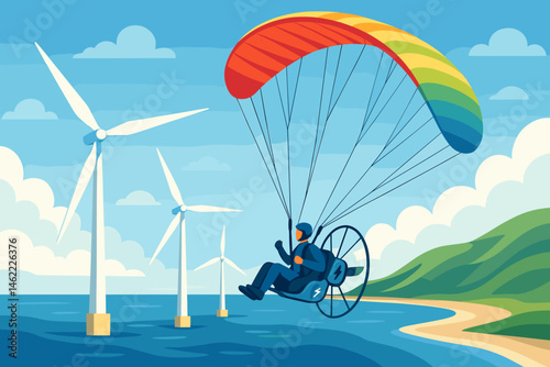 Flat adventure‑tech scene with e‑wings, turbines, and blue water