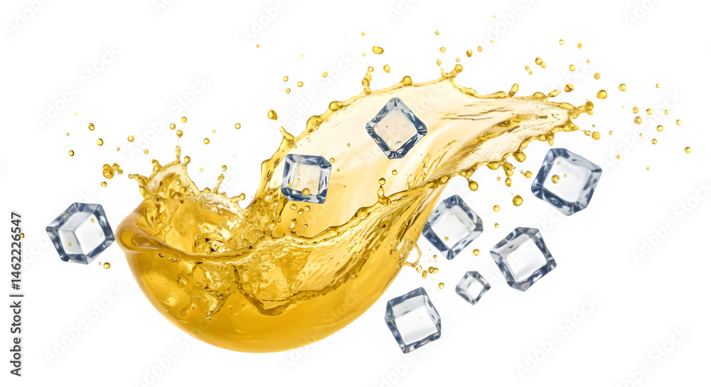 Golden liquid splashing with ice cubes. Refreshing and cool!
