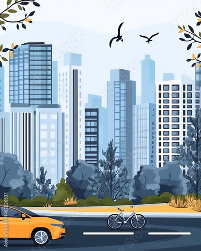 Flat vector art of eco friendly city life bicycles electric cars and green buildings clean modern aesthetic for infographics photo