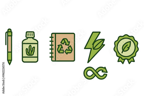 Eco‑friendly stationery icons connect symbols for pen, refill, notebook, bolt, arrow, and badge