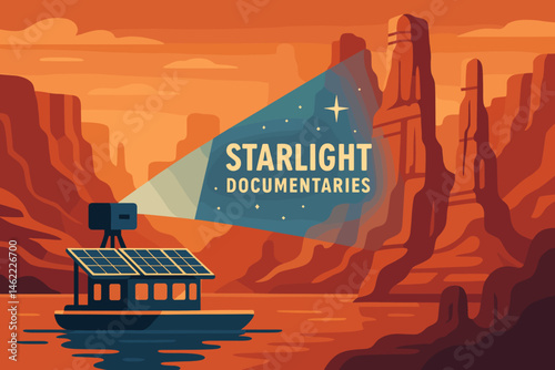 The scene is characterized by a flat, culture-green landscape that features a photovoltaic raft, tall screens, and a starry desert