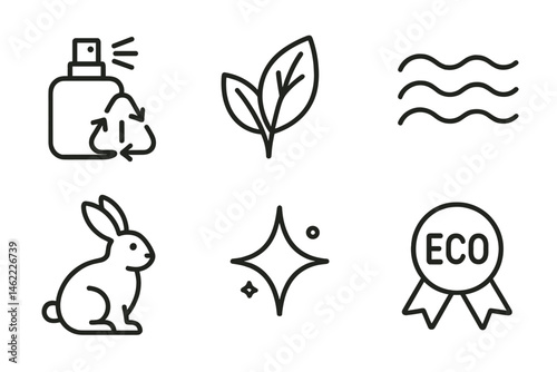Icons representing eco-friendly perfumes are connected through symbols like spritz, leaf, wave, bunny, spark, and ribbon