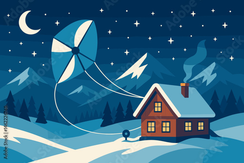 The scene features a flat mountainous landscape with a tethered kite, a lit refuge, and a star-filled sky
