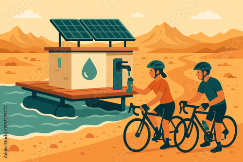 The scene is a flat, blue-tech landscape that includes a PV shade, facilities for bottle refills, and dusty riders