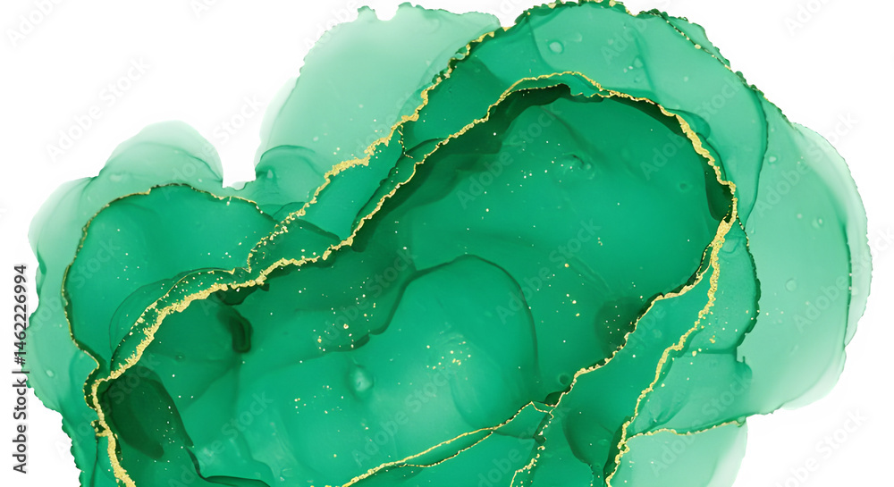Emerald green and gold abstract art. Swirls of color and metallic accents create a luxurious feel.