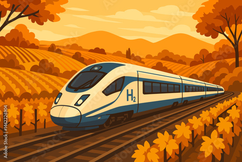 The scene depicts a flat area with a hydrogen train, rows of grapes, and a warm sunset