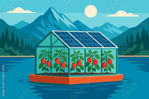 The scene features a flat agricultural technology setting with photovoltaic pontoons, pepper vines, and blue peaks