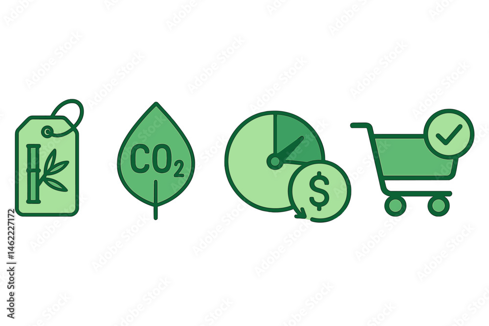 Obraz premium Icons of eco-finance are represented by tags, leaves, dials, coins, and badges
