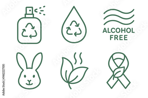 Icons for eco perfume are depicted as spritz, droplet, wave, bunny, petal, and ribbon