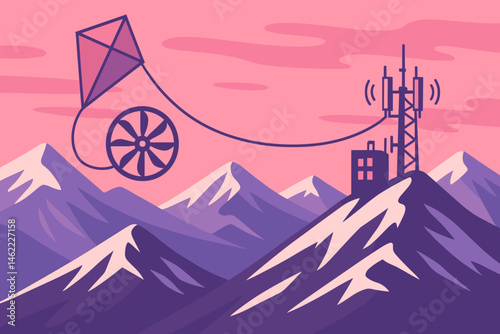The scene features a flat mountainous landscape with a kite line, a relay tower, and a rosy sky
