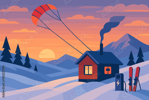 The scene features a flat polar-tech landscape with a kite tethered in place, illuminated by cabin lights and equipped with an e-ski rack