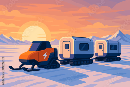 A flat scene of polar logistics is depicted with an e-sled, lab pods, and golden ice