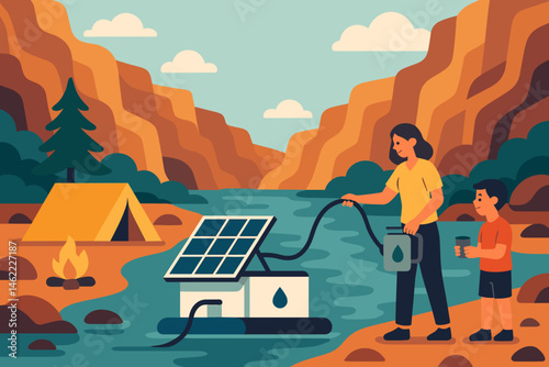 The scene is a flat, blue-tech landscape that features a PV shade, refill taps, and distinctive red cliffs