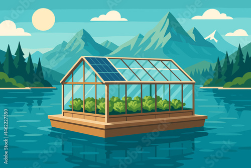 The scene depicts a flat agricultural technology setting featuring photovoltaic rafts, green lettuce, and blue peaks