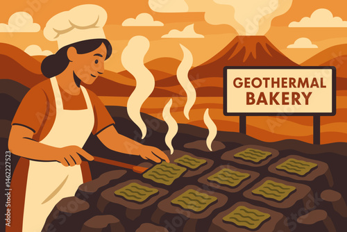 The food-tech landscape is flat and features rows of crackers, steam vents, and a magma glow