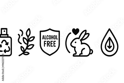 Icons for eco perfume are represented by a vial, wave, crest, bunny, leaf, and droplet