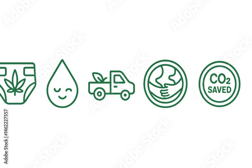 Icons representing eco-friendly diapers are connected through symbols of a diaper, droplet, pickup, badge, coin, and arrow
