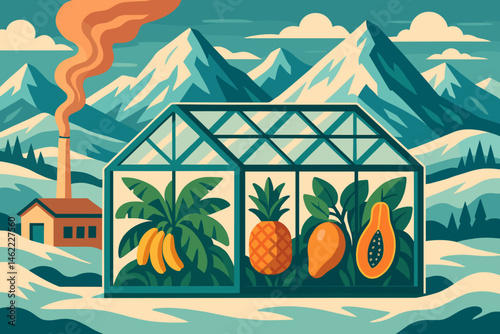 The ag-tech landscape is flat and features glass domes, banana trees, and white peaks