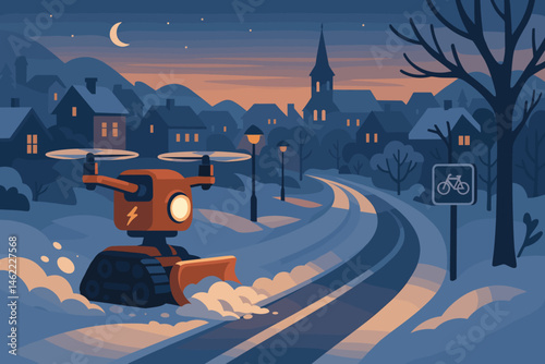 The scene depicts a flat winter landscape with a drone plow and bike lane icons set against a pink sky