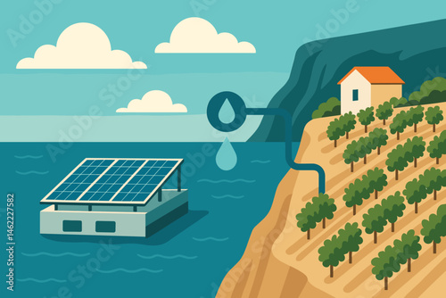 The scene features a flat landscape with hydro and solar elements, including PV rafts, a pump pipe, and grape vines