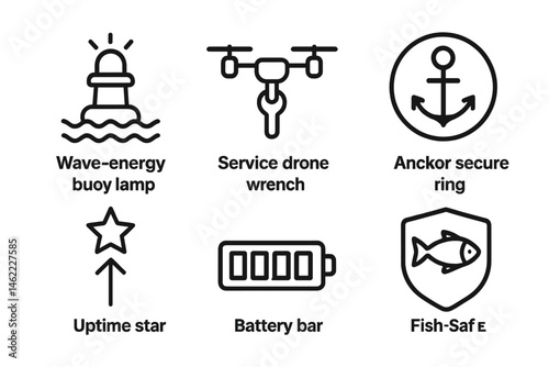 Icons representing buoy technology are connected and include images of a lamp, wrench, ring, star, bar, and badge